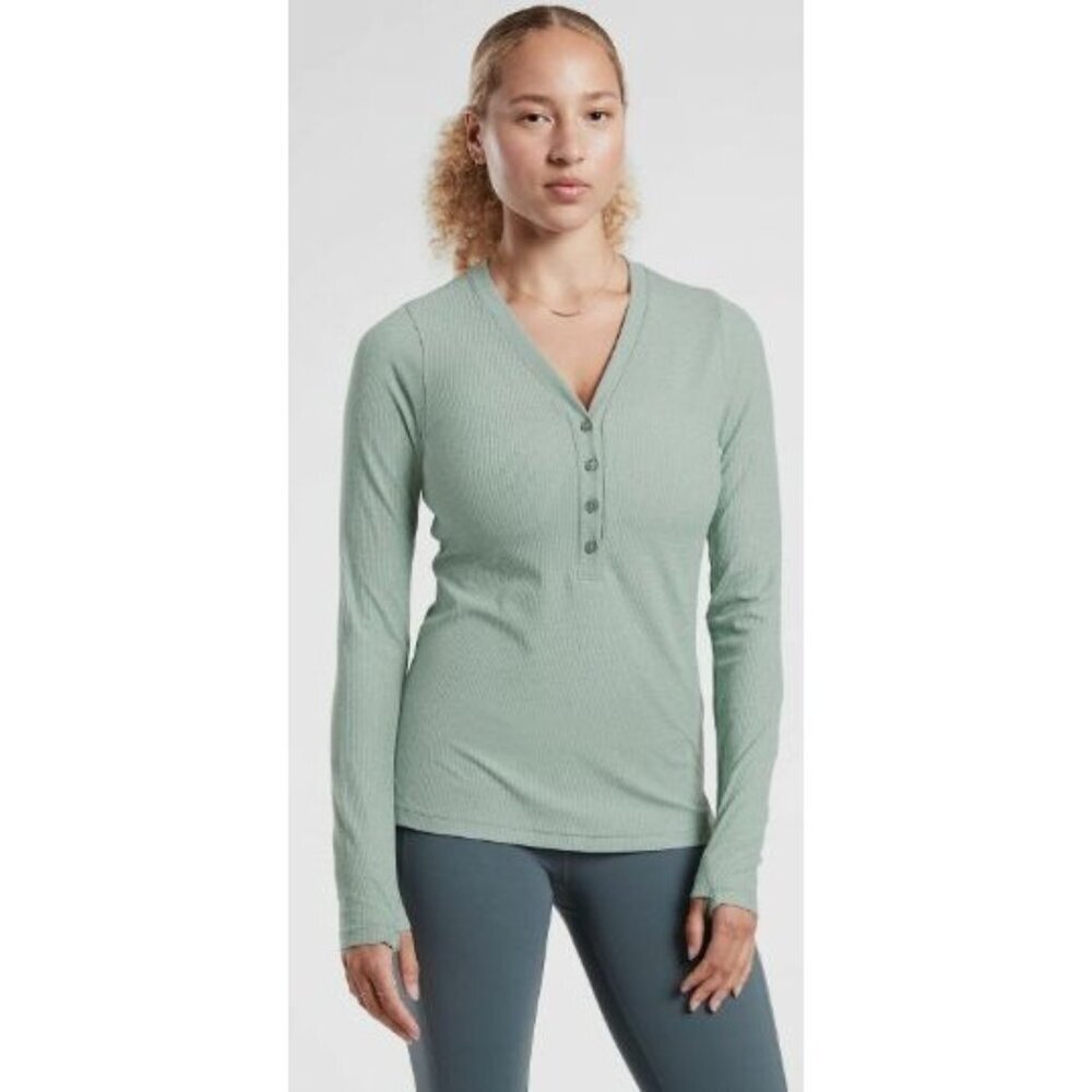 Athleta Uptempo Ribbed Henley Top, Minimalistic Grey-sz Small